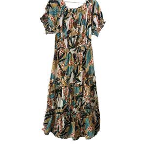 Floral 3X Maxi Tiered Cottage Feminine Puffy Sleeves Off Shoulder Long Dress